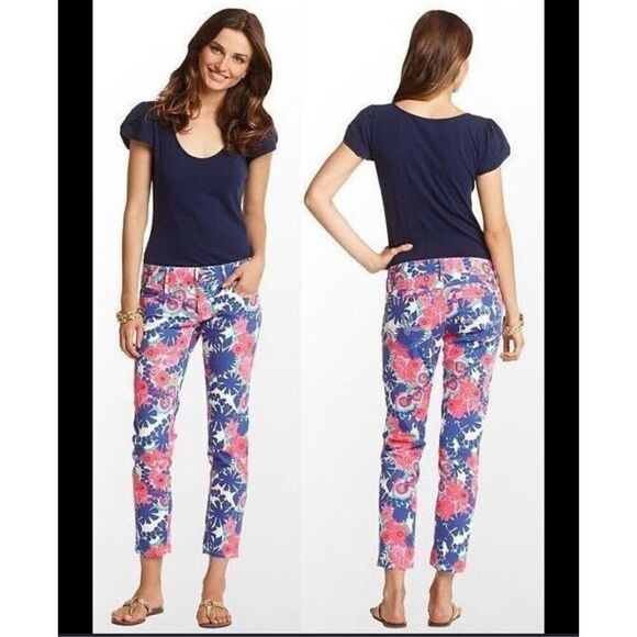 Lilly Pulitzer Worth Skinny Mini Print Secret Garden Floral Cropped Jeans 6 Pink - Picture 1 of 8